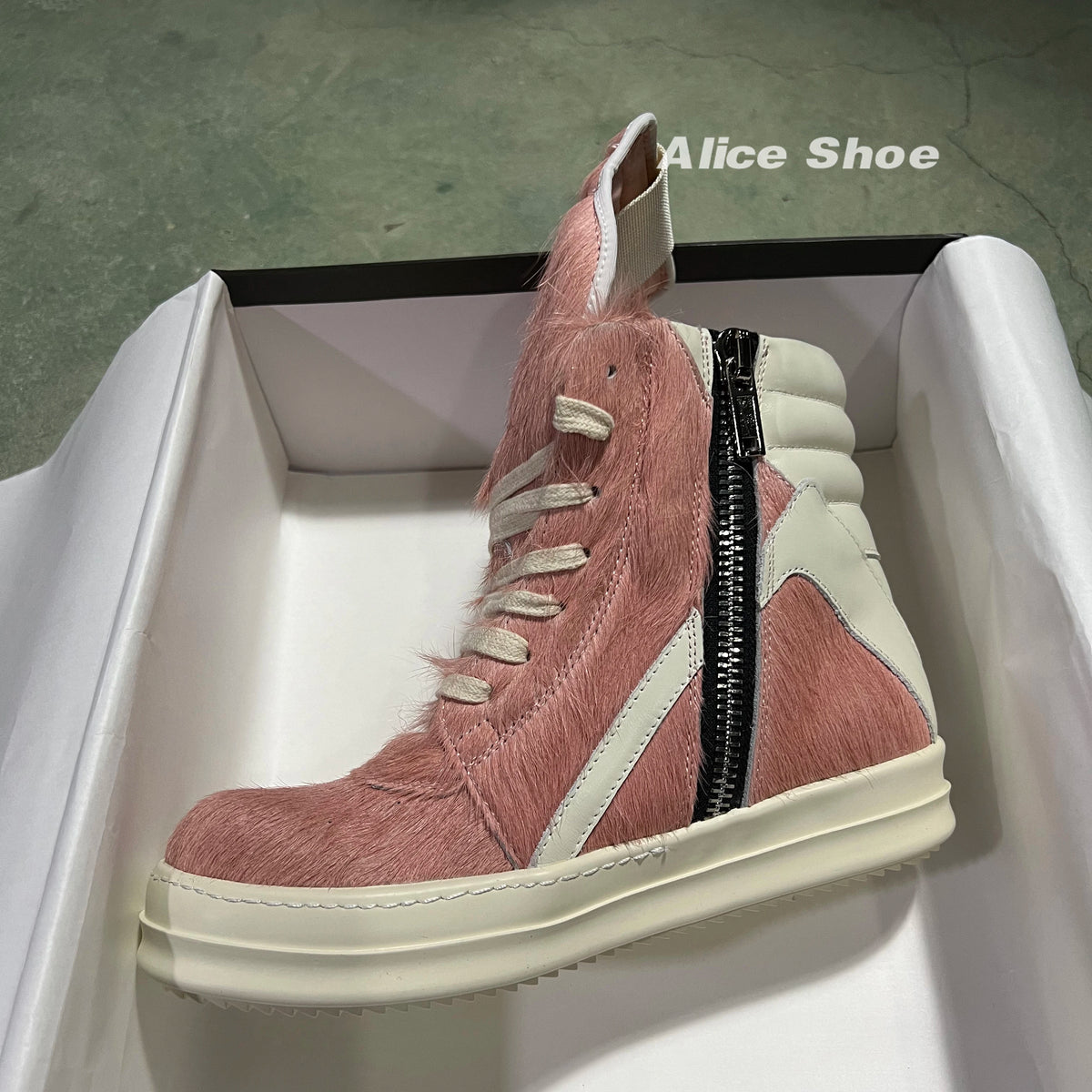 PENDRA Pink Geobasket Pink Horsehair Leather High-Top Zip Platform Ankle Boots
