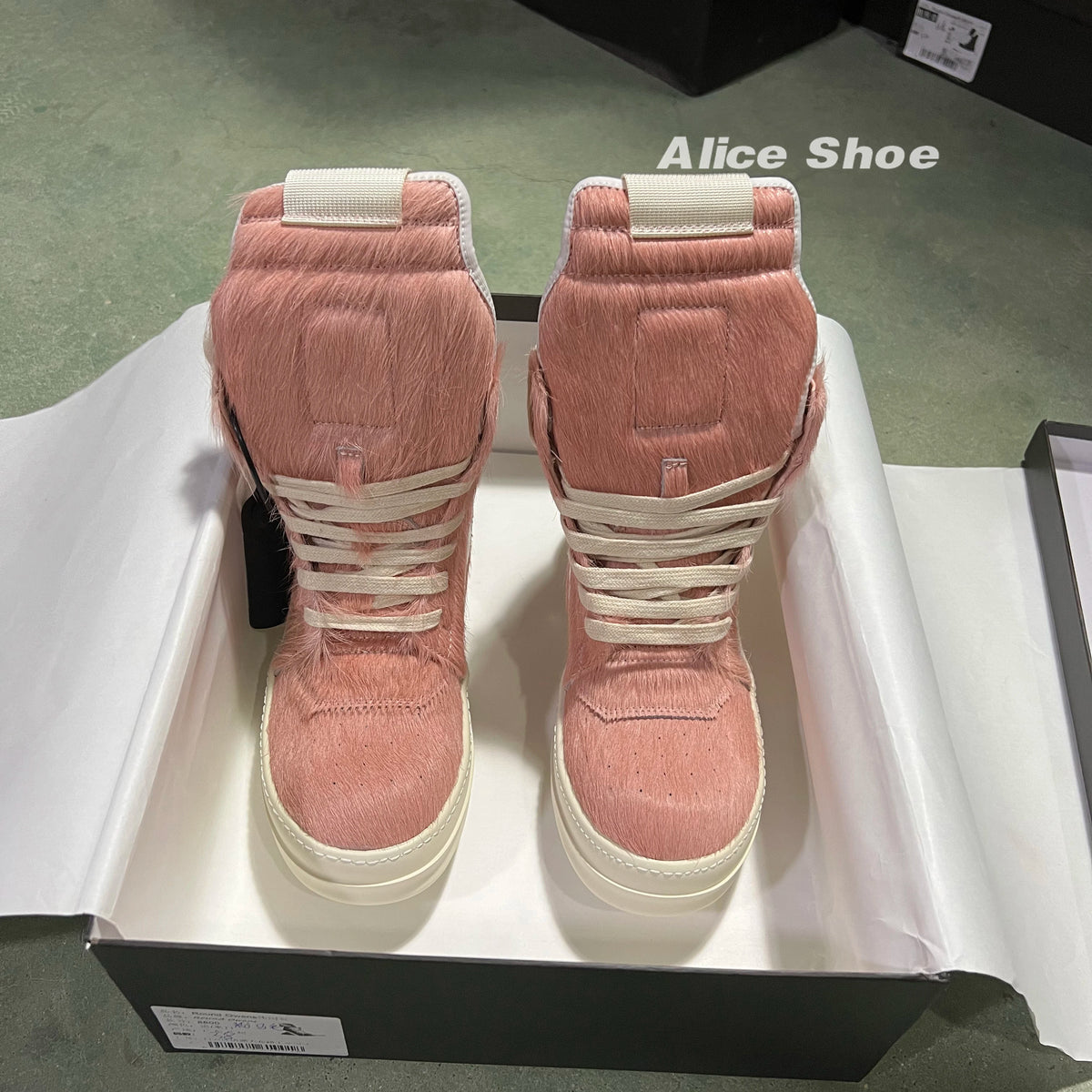 PENDRA Pink Geobasket Pink Horsehair Leather High-Top Zip Platform Ankle Boots
