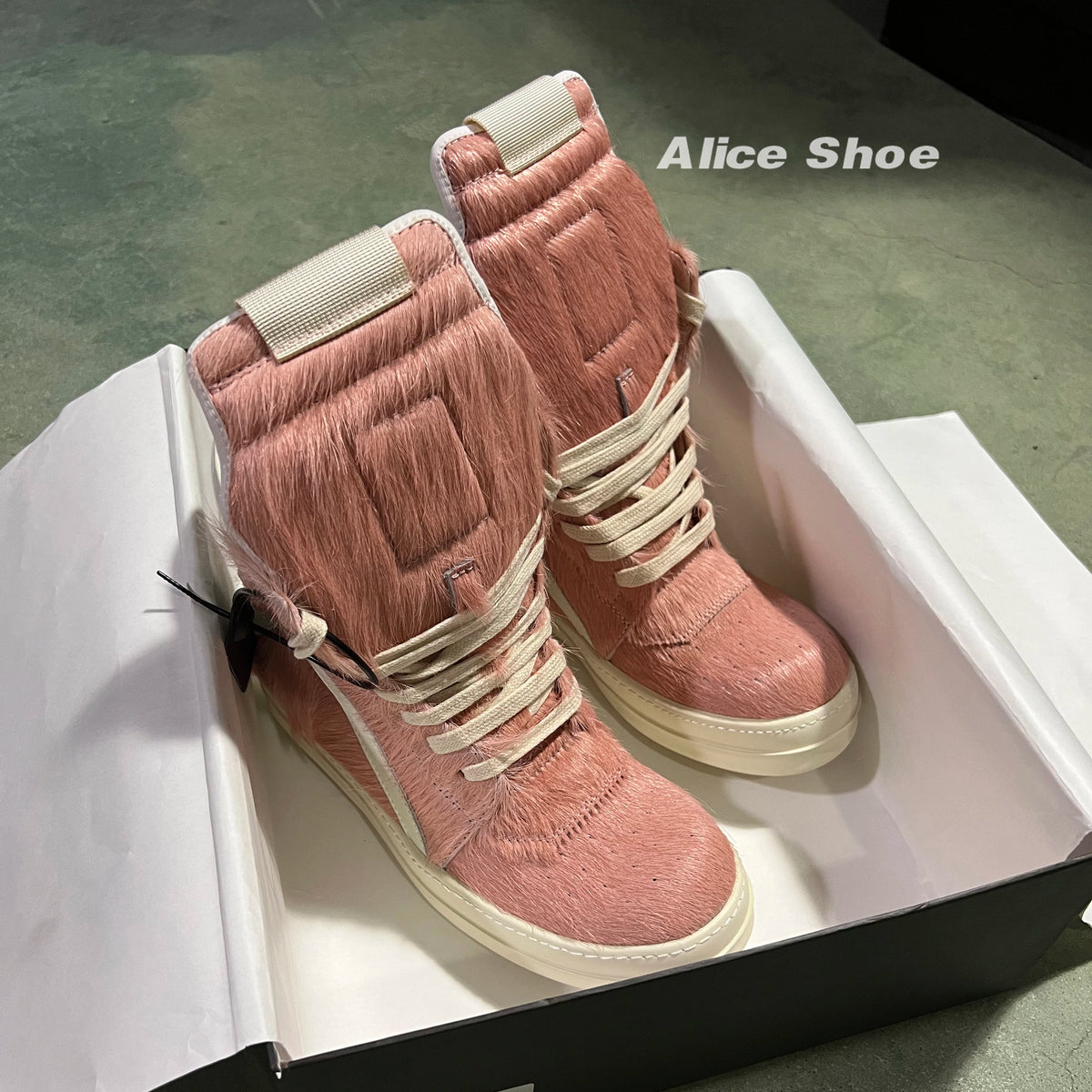 PENDRA Pink Geobasket Pink Horsehair Leather High-Top Zip Platform Ankle Boots