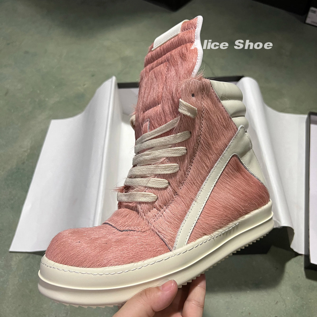 PENDRA Pink Geobasket Pink Horsehair Leather High-Top Zip Platform Ankle Boots