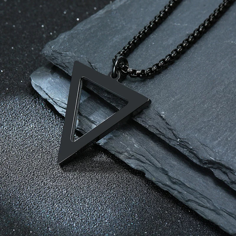 BLACK TRIANGLE NECKLACE FOR MEN STAINLESS STEEL CHAIN MENS GEOMETRIC PENDANT NECK JEWELRY