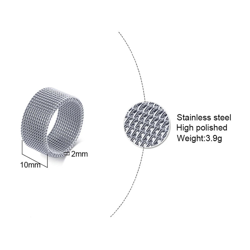 FLEXIBLE STEEL RING MESH FLAT CHAIN BAND RING FOR MEN WOMEN JEWELRY