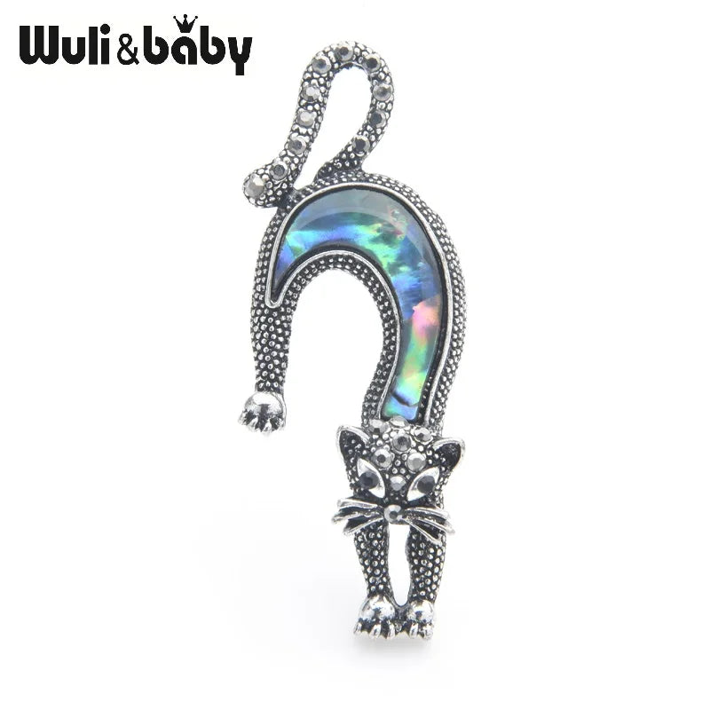 Wuli&baby Natural Shell Cat Brooches Women Lovely Running Cat Animal Brooch Pins Gifts