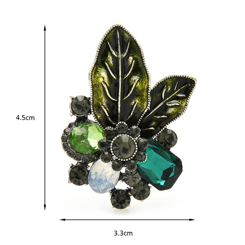 PENDRA Verdelle Green-Brown Rhinestone Flower Brooch