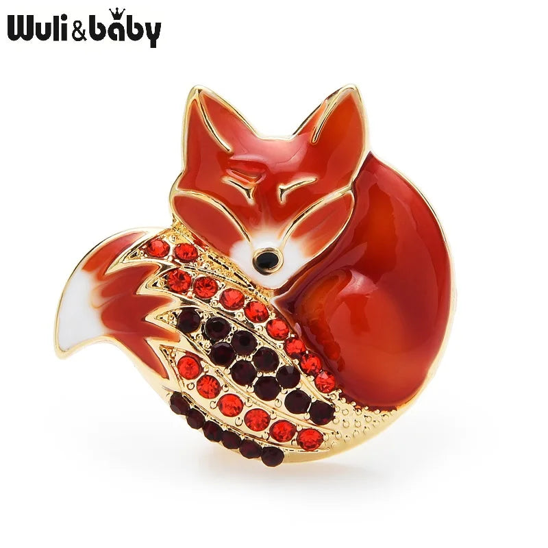 Wuli&baby Sleeping Fox Brooches 6 Colors Enamel Body Full Rhinestone Sparklin Tail Fox Pins Cute Animal Badge New Year Gift 2021