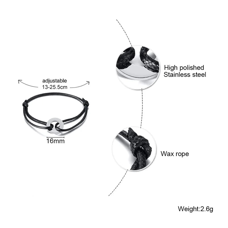CIRCLE CHARM ROPE ANKLETS FOR MEN BLACK ROPE WITH SILVER COLOR CIRCLE ADJUSTABLE BRACELET UNISEX JEWELRY