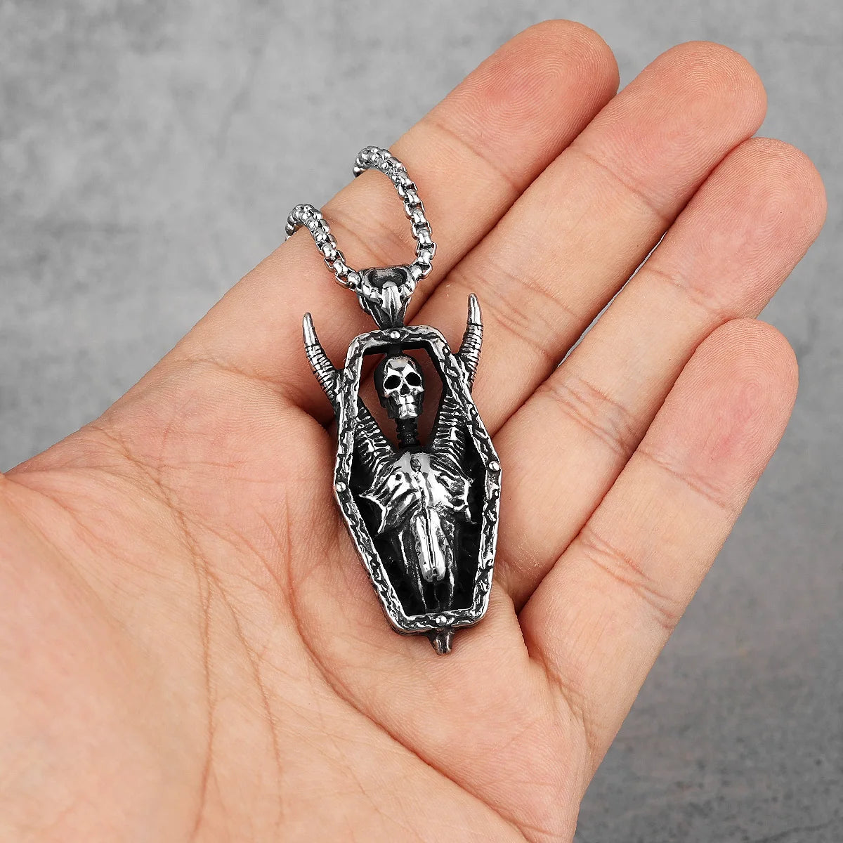 PENDRA Horned Demon Skull Steel Necklace