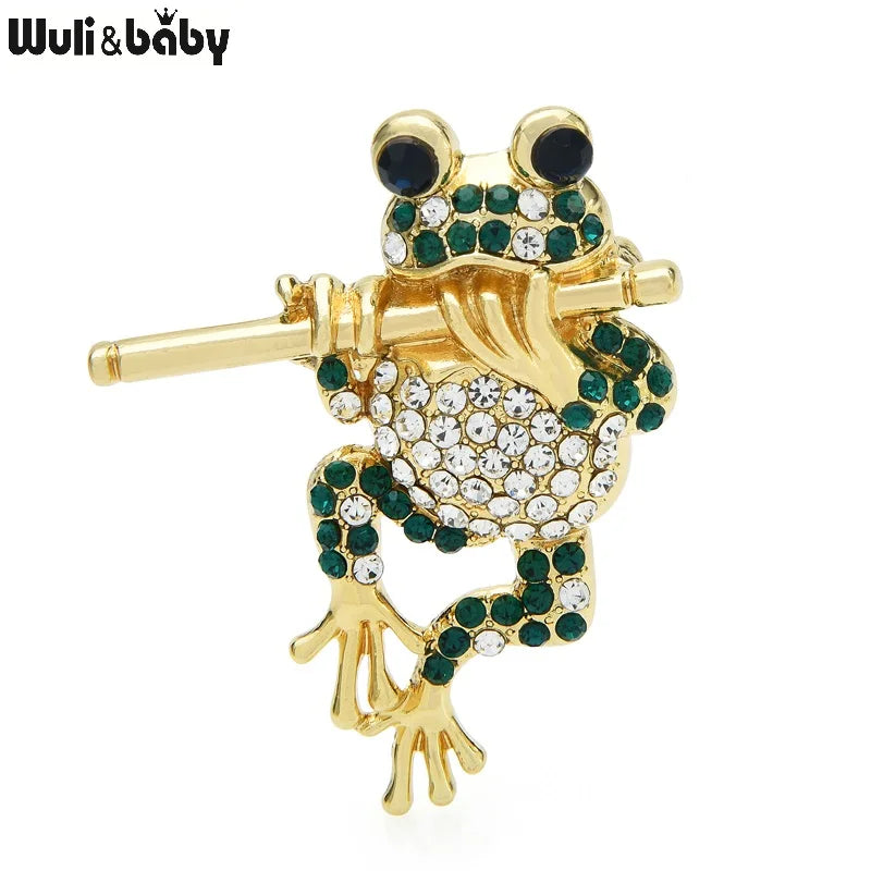 PENDRA Bamboo Flute Frog Rhinestone Brooch