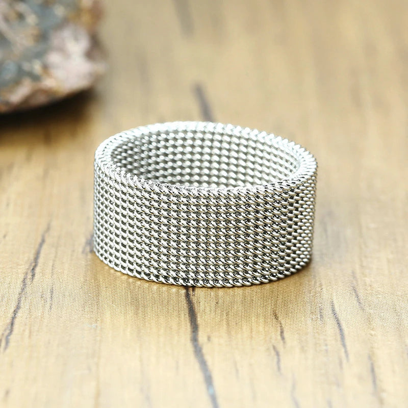 FLEXIBLE STEEL RING MESH FLAT CHAIN BAND RING FOR MEN WOMEN JEWELRY