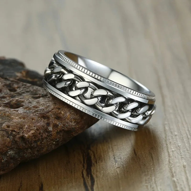 Men's Cuba Chain Spinner Ring  8mm Stainless Steel Wedding Band Silver Color Reliever Worry Rings Men Jewelry