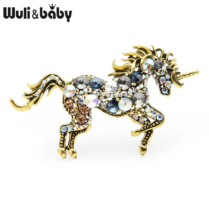 Wuli&baby Rhinestone Unicorn Brooches Women Alloy Horse Animal Weddings Banquet Brooches New Year's Gifts