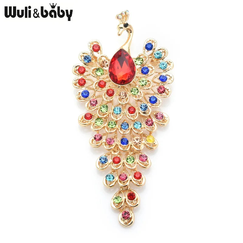PENDRA Grand Peacock Rhinestone Bird Brooch