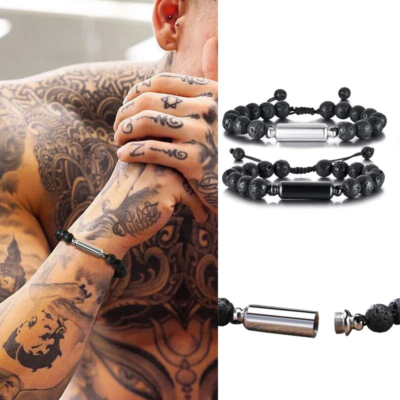 Men Urn Bracelet, Tiger's Eye and Lave Stone Bracelets Stash Capsule, Urns Jewelry for Ashes Cremation Brazalets