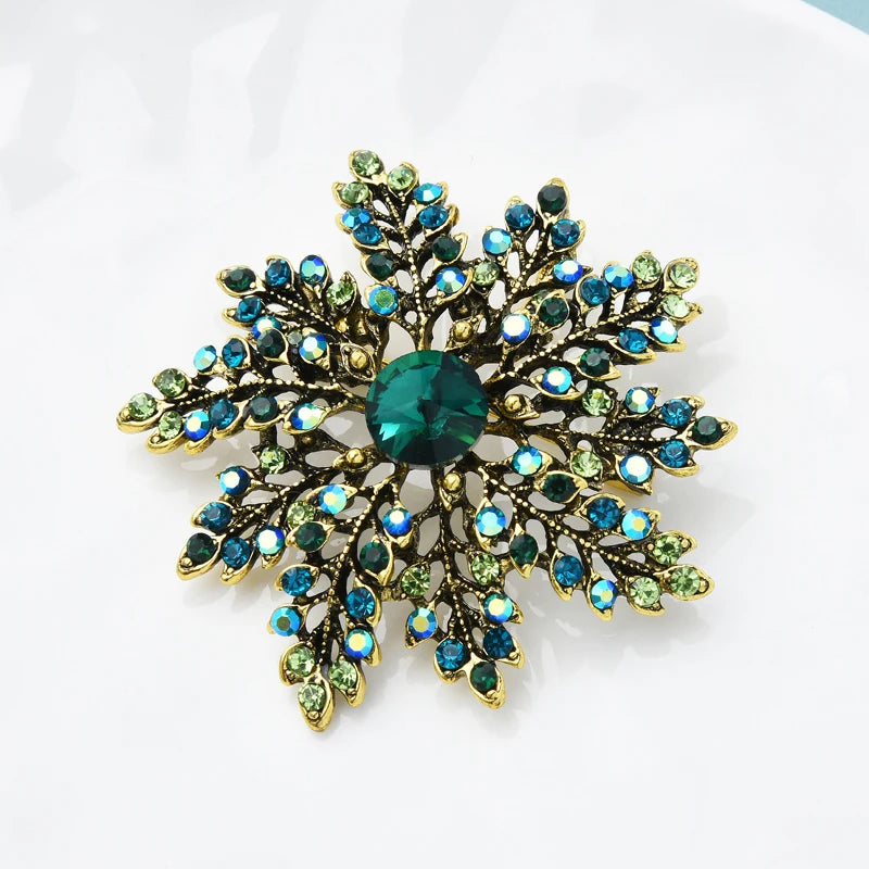 PENDRA Snowelle Green Rhinestone Snowflake Brooch