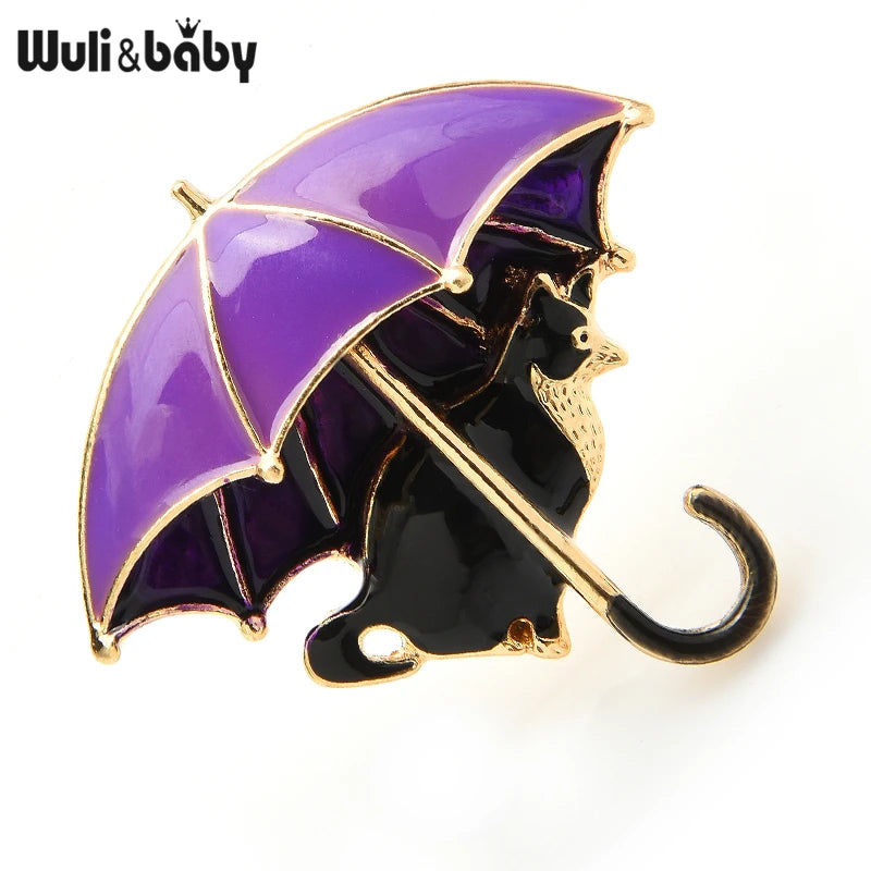 Wuli&baby Cute Cat Under Umbrella Brooches For Women Enamel 4-color Fox Animal Party Casual Brooch Pins Gifts