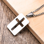 Men Necklaces, Cross Cut Out Pendant, Stainless Steel Small Dog Tag Necklace, Christ Religion Jewelry
