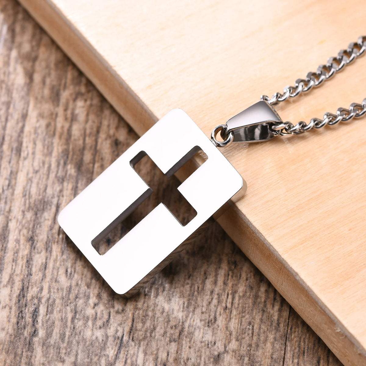 Men Necklaces, Cross Cut Out Pendant, Stainless Steel Small Dog Tag Necklace, Christ Religion Jewelry