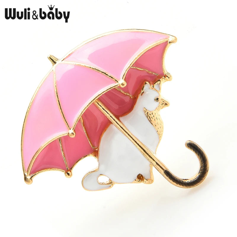PENDRA Cute Cat Under Umbrella Brooch