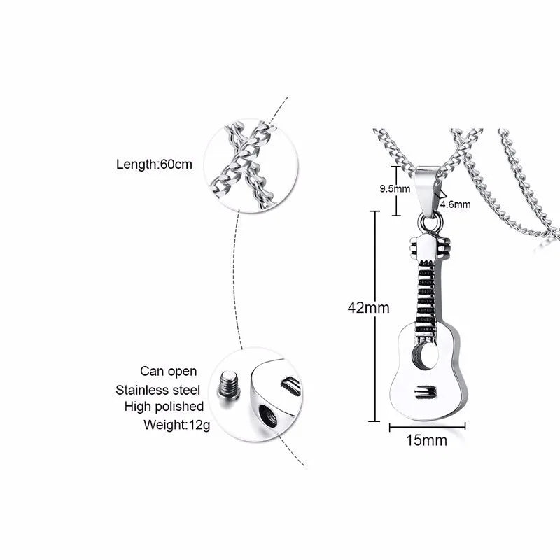 Guitar Pendant Necklace for Men Stainless Steel Ashes Memorial Unisex Jewelry