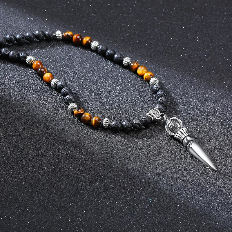 TIBETAN BUDDHIST PHURBA KILAYA THE MAGIC KNIFE WITH TIGER’S EYE LAVA STONE NECKLACE FOR MEN JEWELRY
