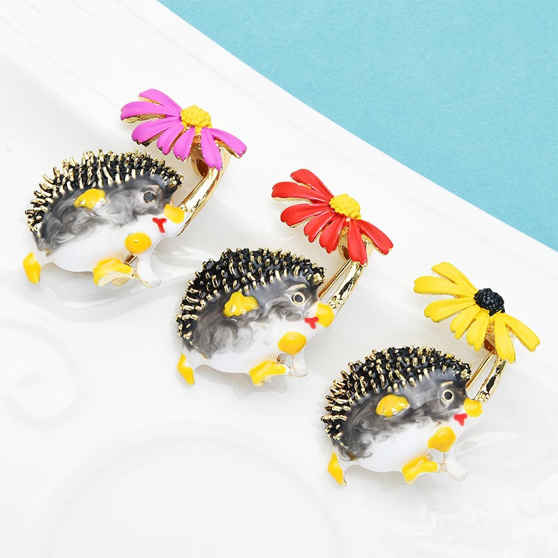PENDRA Meadow Hedgehog Enamel Animal Brooch