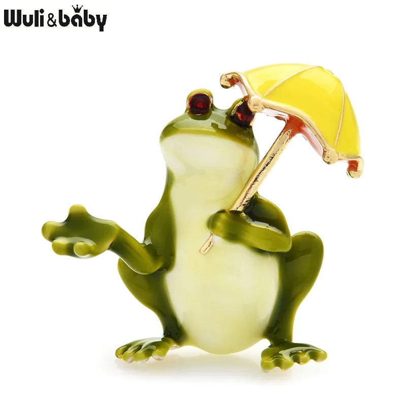 Wuli&baby Taking Umbrella Frog Brooches Women Unisex 2-color Lovely Enamel Animal Party Office Brooches Pins Gifts