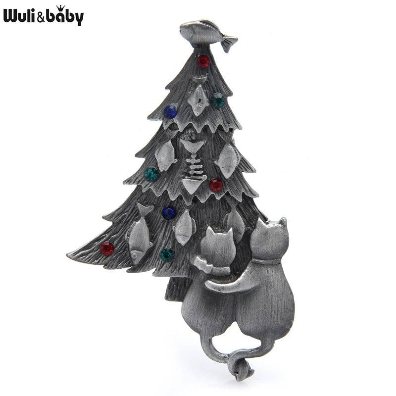 Wuli&baby Vintage Christmas Tree Brooch Couple Cats For Lover Women and Jewelry Gift Brooch Pins 2021 Fashion Accesory