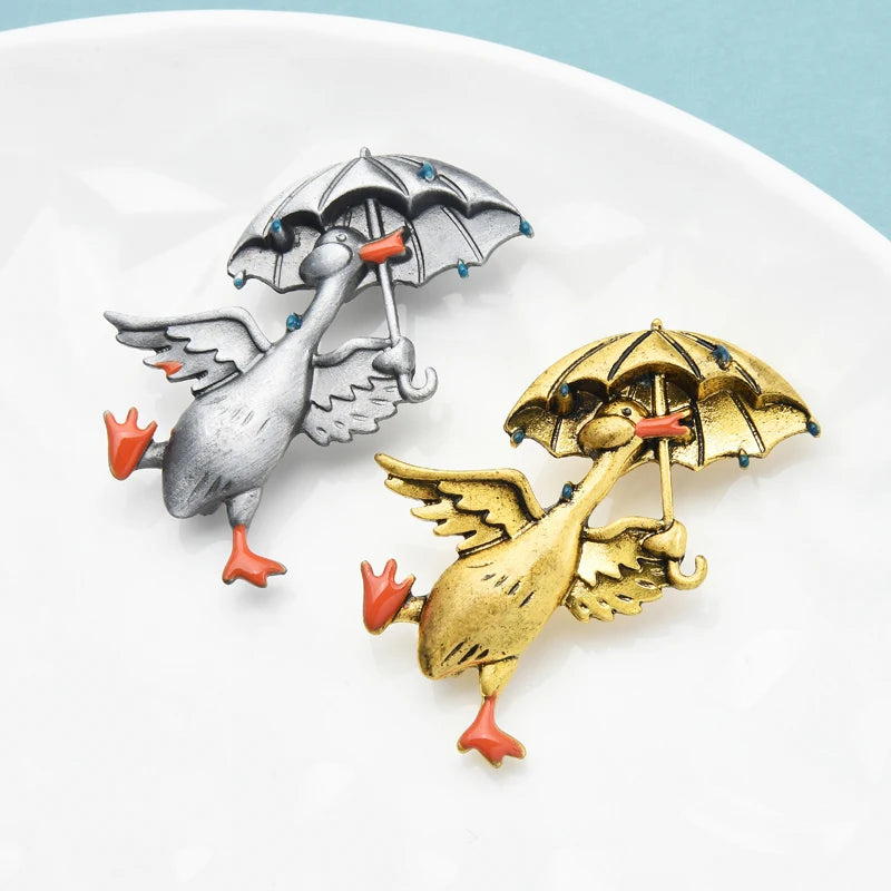 PENDRA Umbrella Duck Enamel Animal Brooch