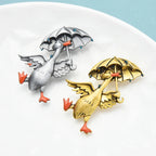 PENDRA Enamel Cute Umbrella Duck Dancing Animal Brooch