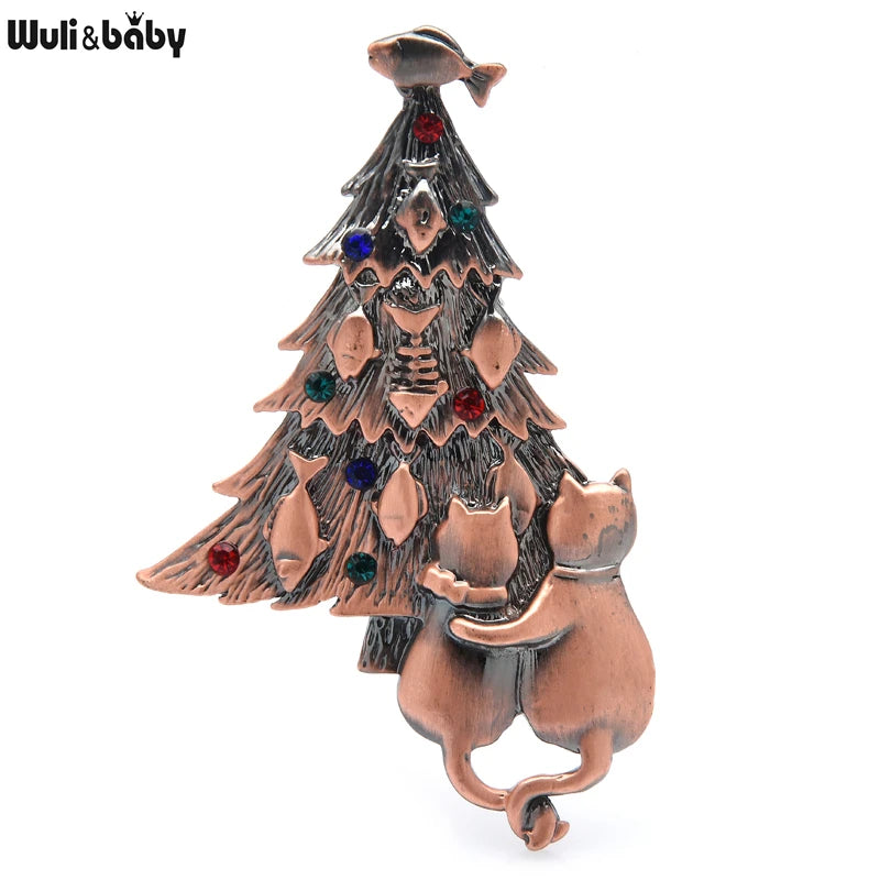 Wuli&baby Vintage Christmas Tree Brooch Couple Cats For Lover Women and Jewelry Gift Brooch Pins 2021 Fashion Accesory