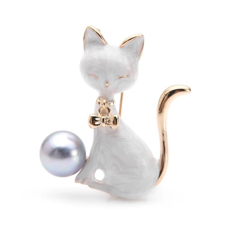 PENDRA Monochrome Cat Alloy Enamel Brooch