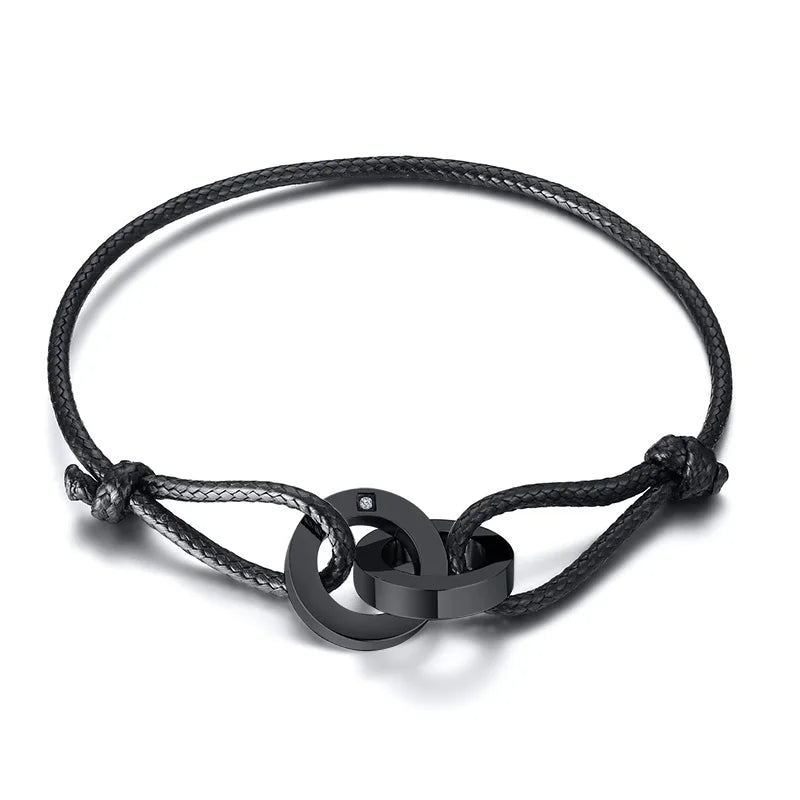 CIRCLE CHARM ROPE ANKLETS FOR MEN BLACK ROPE WITH SILVER COLOR CIRCLE ADJUSTABLE BRACELET UNISEX JEWELRY