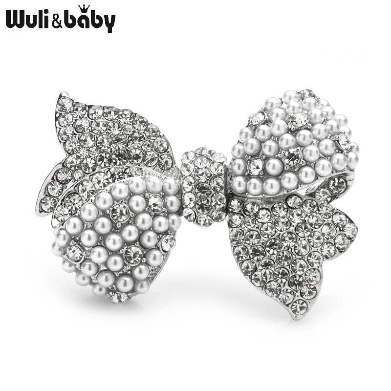 PENDRA Bellara Sparkling Rhinestone Pearl Bowknot Brooch