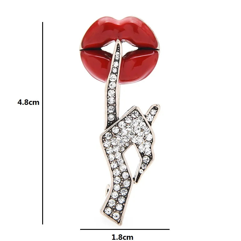 PENDRA Crystal Women Hand Gesture Red Enamel Lip Brooch
