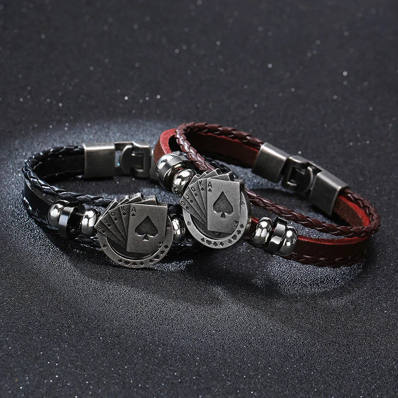 POKER BROWN LEATHER CUFF BRACELET MEN'S MULTILAYER WRAP WRISTBAND FRIENDSHIP VINTAGE BIKER PLAYING CARD POKER BANGLE MEN JEWELRY