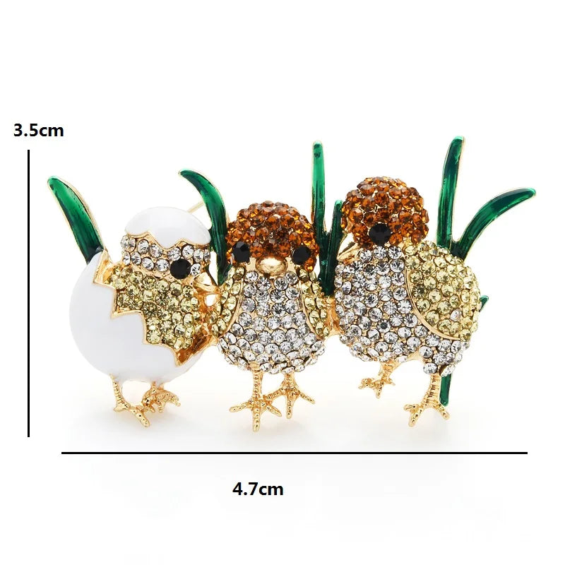 Wuli&baby 3 Full Sparkling Rhinestone Chick Brooch Pins Enamel Green Grass  Cute Little Bird Brooches For Women Gift