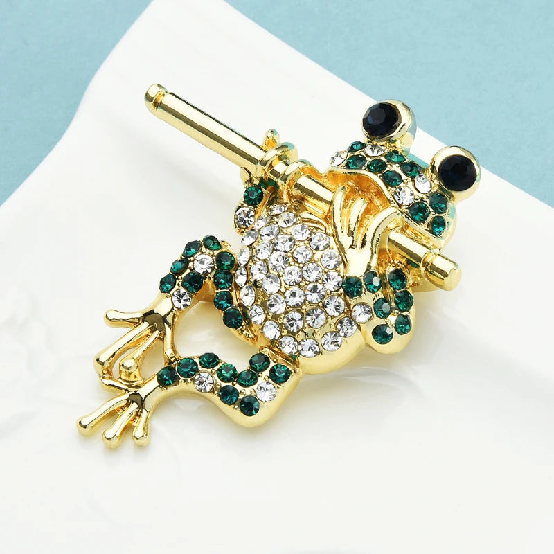 PENDRA Bamboo Flute Frog Rhinestone Brooch