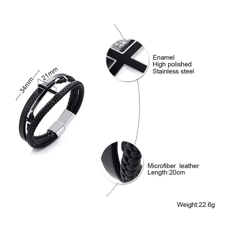 GENTLEMAN SIDEWAYS CROSS CUFF-STYLE LEATHER BRACELETS BLACK BRAIDED TRIPLE WRAP MENS BRACELETS FOR MEN JEWELRY