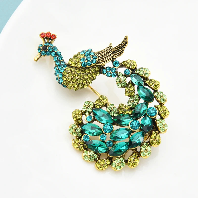 Wuli&baby Sparkling Peacock Brooches Green Rhinestone Peacock Animal Brooch Pin Jewelry Gift