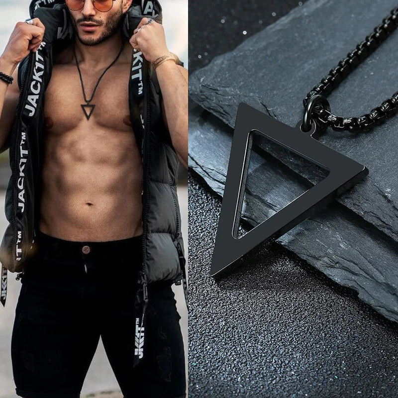 BLACK TRIANGLE NECKLACE FOR MEN STAINLESS STEEL CHAIN MENS GEOMETRIC PENDANT NECK JEWELRY