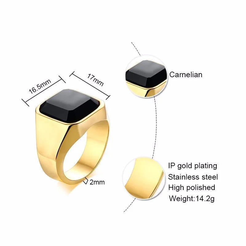 Man Ring Black Carnelian Signet Rings Stainless Steel Square Pinky Rings Gents Wealth And Rich Status Jewelry