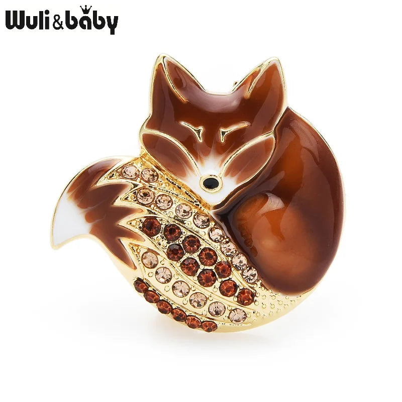 Wuli&baby Sleeping Fox Brooches 6 Colors Enamel Body Full Rhinestone Sparklin Tail Fox Pins Cute Animal Badge New Year Gift 2021