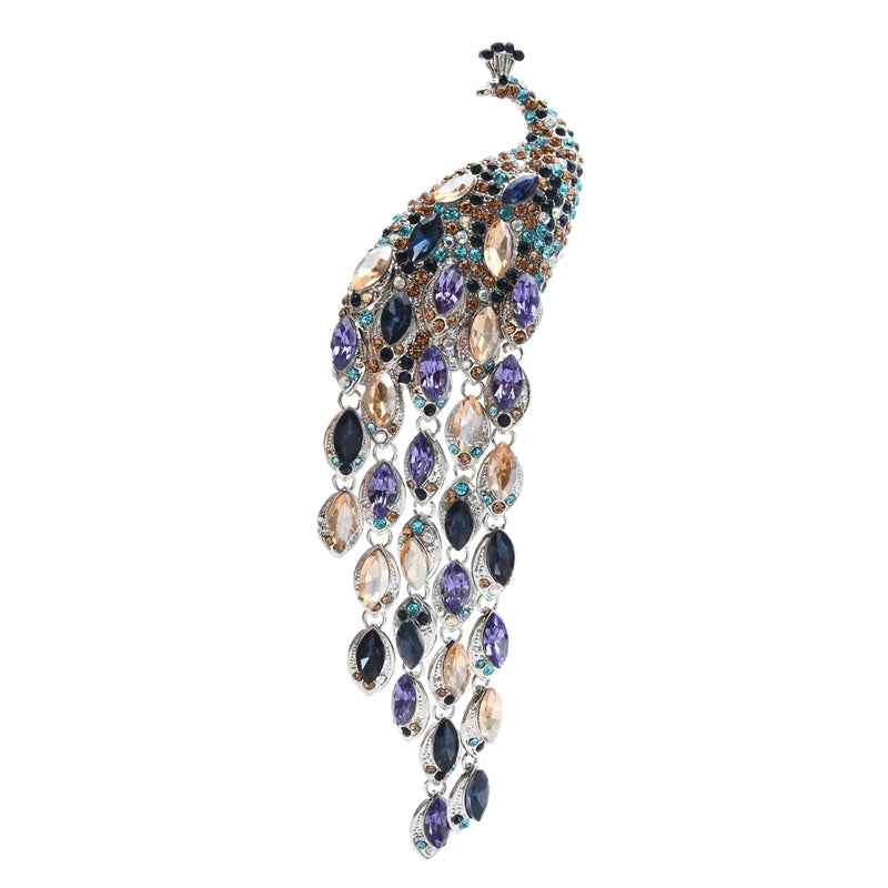 PENDRA Plume Rhinestone Tassel Peacock Brooch