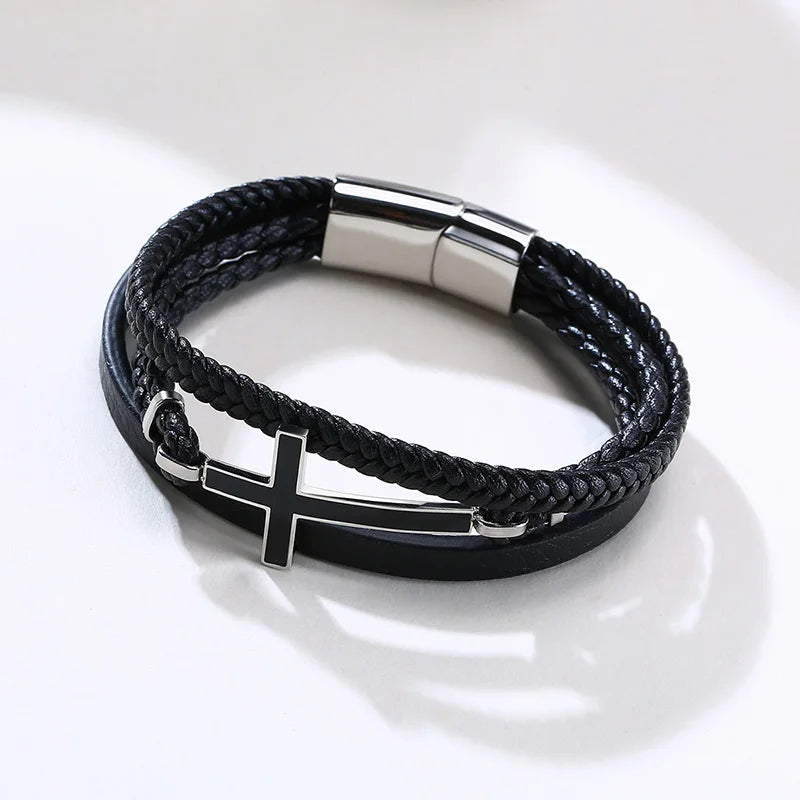 GENTLEMAN SIDEWAYS CROSS CUFF-STYLE LEATHER BRACELETS BLACK BRAIDED TRIPLE WRAP MENS BRACELETS FOR MEN JEWELRY