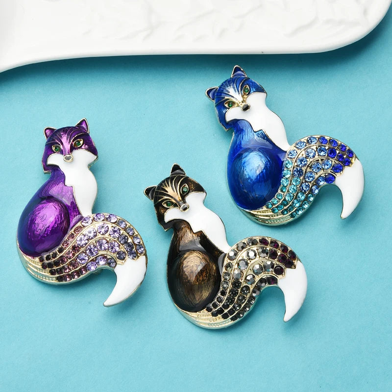PENDRA Rhinestone Tail Fox Enamel Brooch