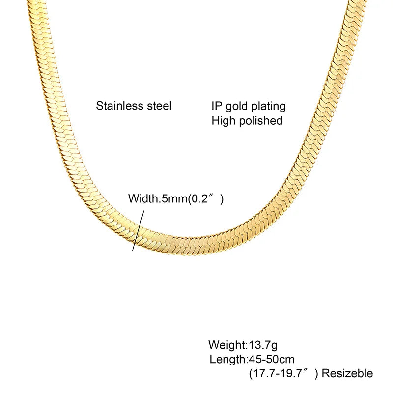 Snake Necklace Men,Gold Color Flat Snakes Chain Necklaces Layering Simple Herringbon Link Choker Men Women Jewelry 38cm - 60cm
