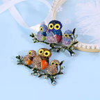 PENDRA Rhinestone Family Owls Brooch