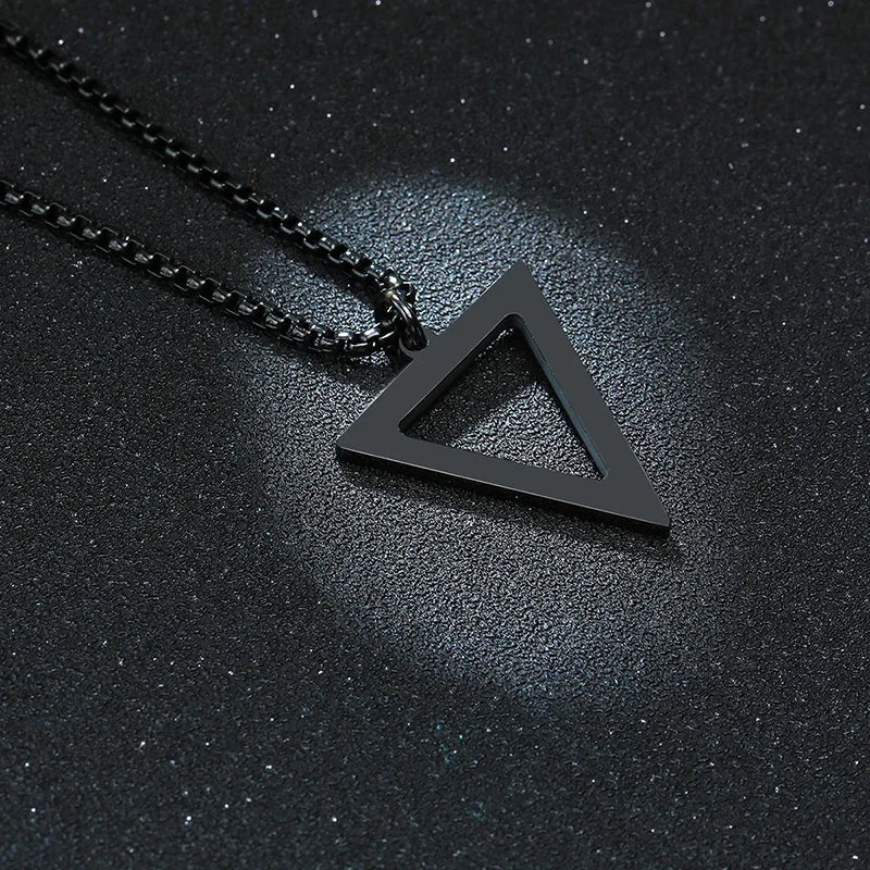 BLACK TRIANGLE NECKLACE FOR MEN STAINLESS STEEL CHAIN MENS GEOMETRIC PENDANT NECK JEWELRY