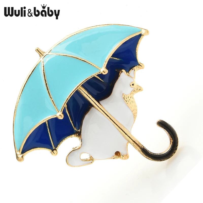 PENDRA Cute Cat Under Umbrella Brooch