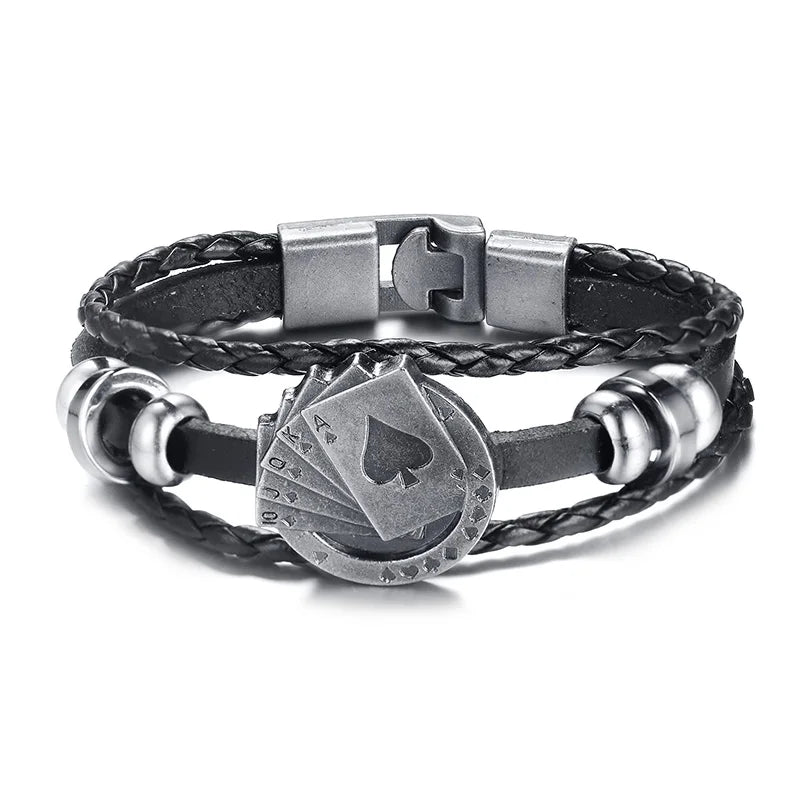 POKER BROWN LEATHER CUFF BRACELET MEN'S MULTILAYER WRAP WRISTBAND FRIENDSHIP VINTAGE BIKER PLAYING CARD POKER BANGLE MEN JEWELRY